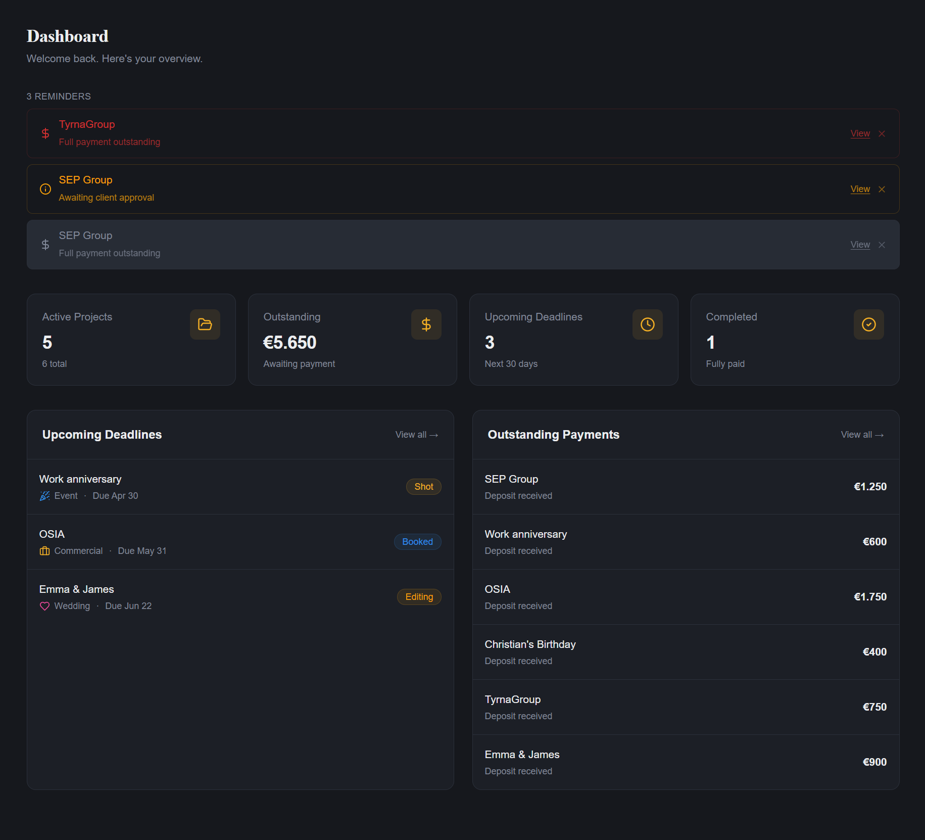 GigFlow Pro Dashboard — project management for photographers